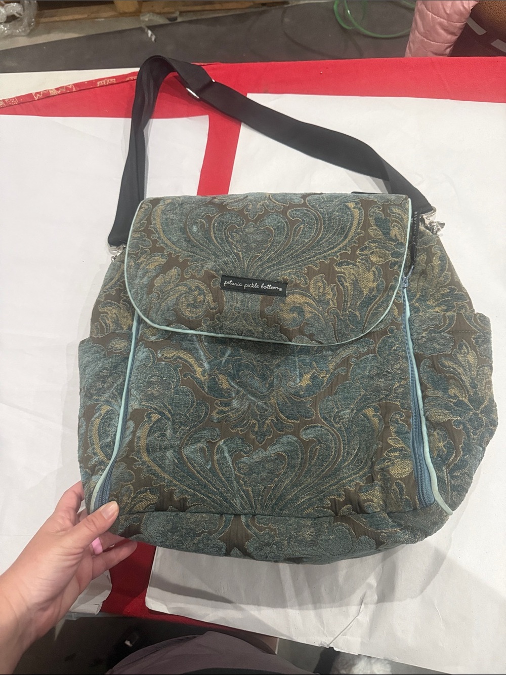 Petunia Pickle Bottom Teal and Brown Paisley Convertible backpack diaper bag
